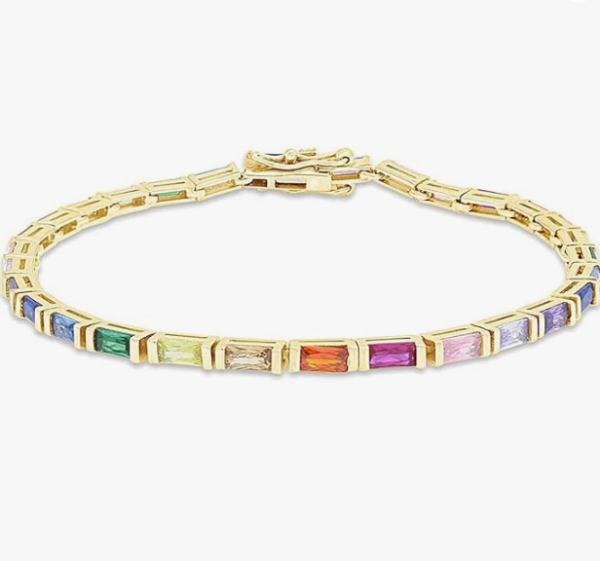 14K Gold Plated Sterling Silver Rainbow Baguette Sapphire Tennis Bracelet - Image 2